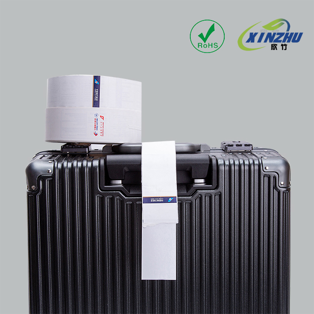 მორგებული დაბეჭდილი წყალგაუმტარი სინთეტიკური თერმოქაღალდის თვითწებვადი ავიაკომპანიის ბარგის ტეგი Hot Melt Silicone Adhesive Factory Supply